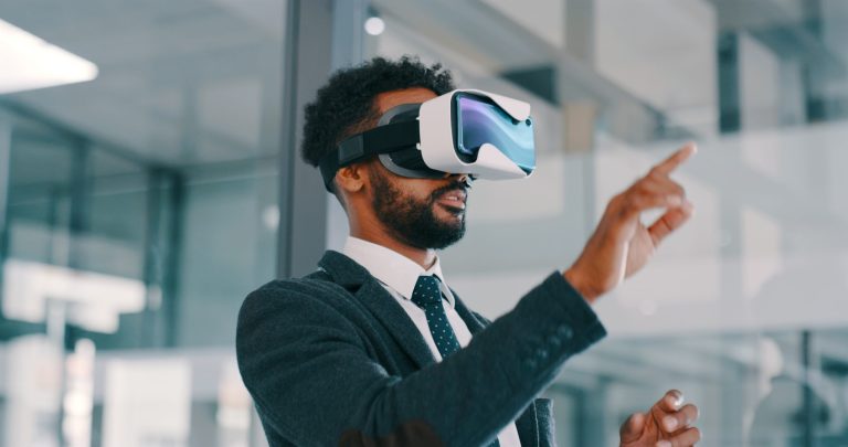 Businessman doing ISO/IEC 17024 personnel certification examination/assessment with virtual reality (VR) headset.
