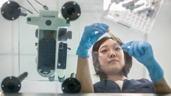 Lab technician examining test tube for adherence to ISO 15189 to prepare medical laboratory for accreditation.