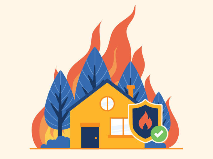 Graphic of home on fire showing the value of creating and retrofitting wildfire-resistant buildings.