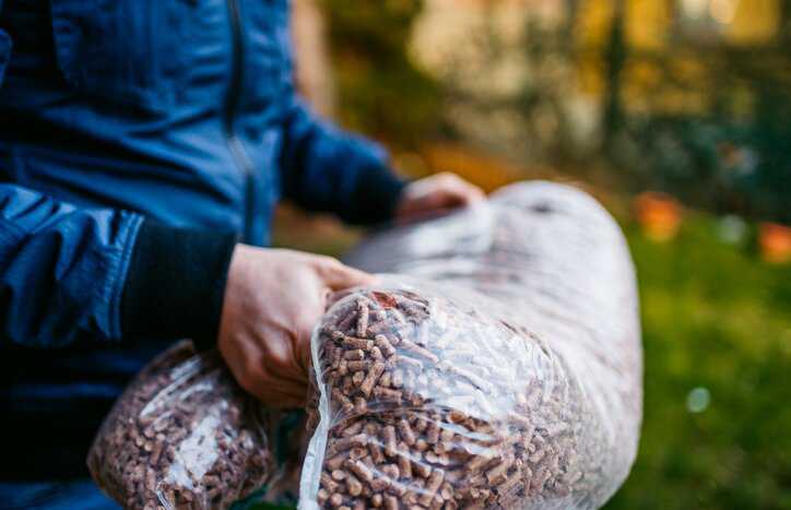 Bag of wood pellets meant for biofuel under the Pellet Fuels Institute (PFI) standards.
