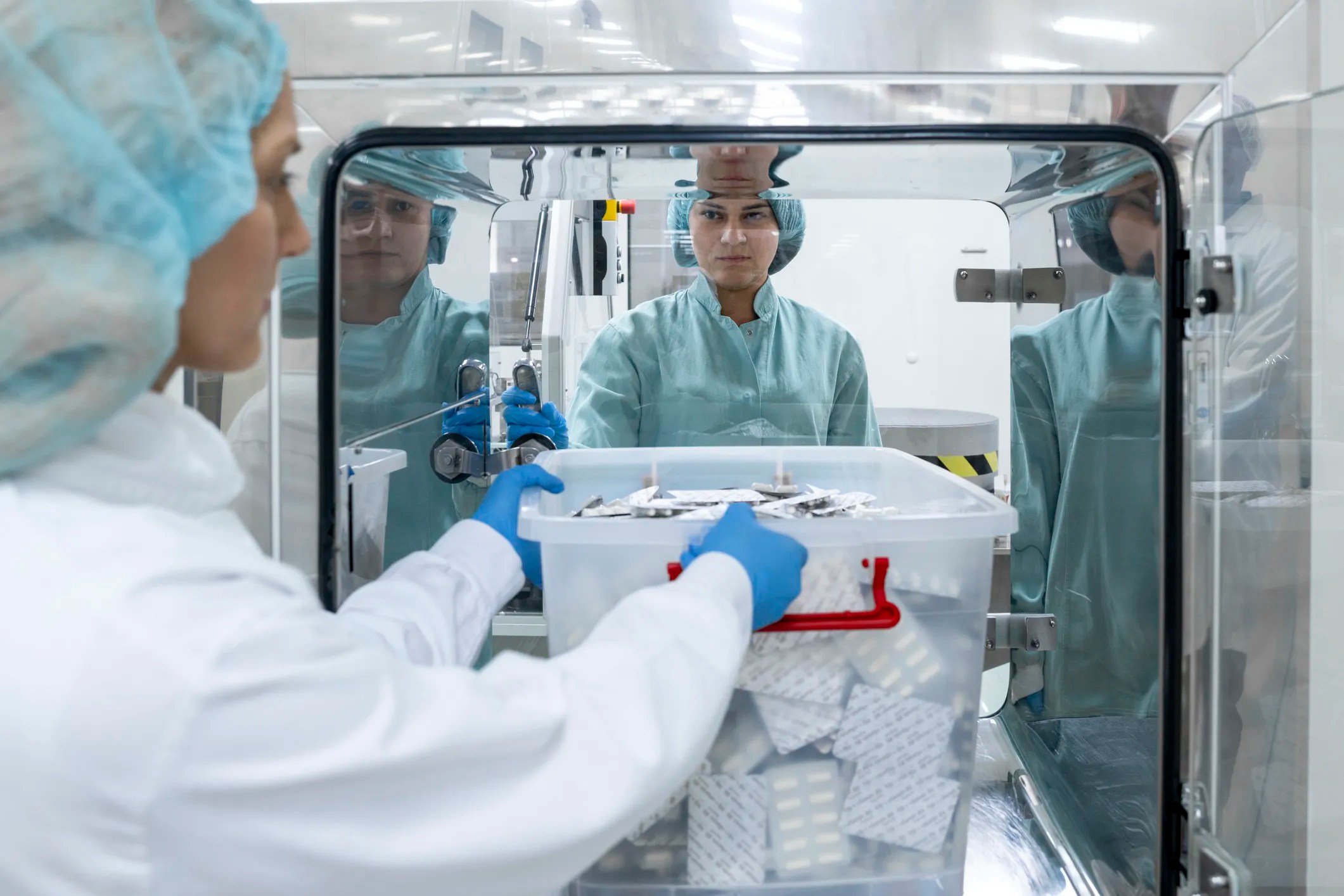 Pharmaceutical workers dressed in full cleanroom attire, including hairnets, face masks, gloves, and protective gowns, carefully operate advanced equipment inside a sterile, brightly lit cleanroom that adheres to ISO 14644-4.