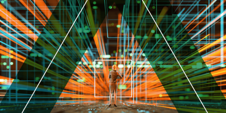 Graphic that shows woman in front of orange cyber abstract ready to unlock the power of certifications.