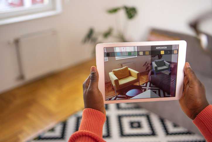 Virtual augmented reality mobile iphone app featuring furniture in a home.