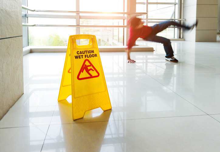 Slippery wet floor needing to be tested for its wet dynamic coefficient of friction (DCOF) in order to adhere to NFSI B101.3-2022.