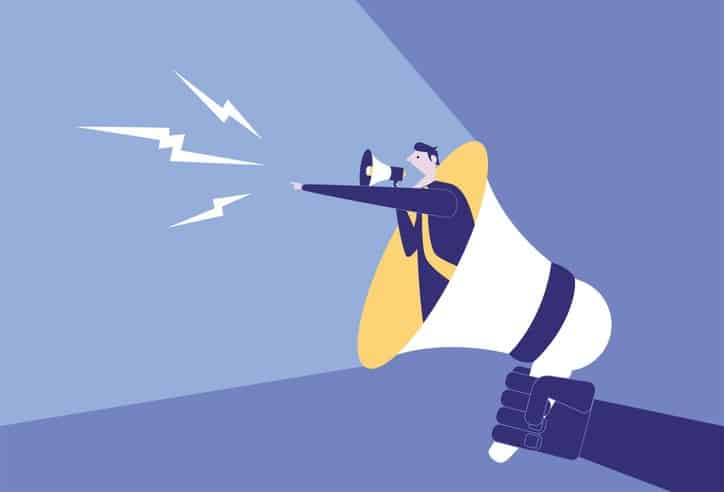 Graphic showing customer complaining through megaphone in need of proper complaint management.