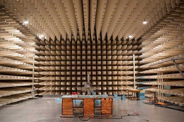 Electromagnetic Compatibility (EMC) test in a laboratory chamber adhering to IEC 61000-4-6:2023.
