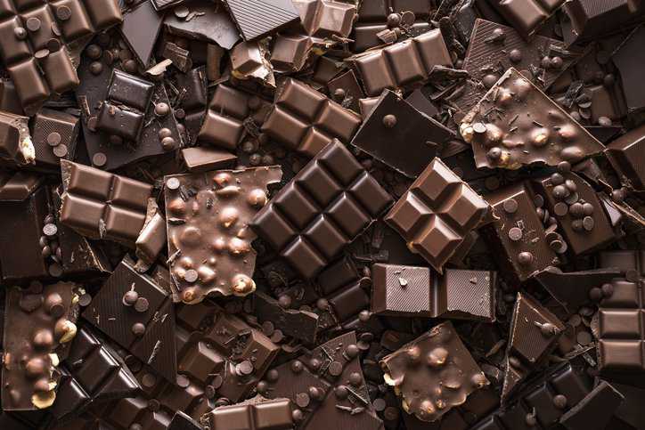 Assorted chocolate bar and chunks made with cocoa butter equivalents adhering to the method in ISO 11053:2009.