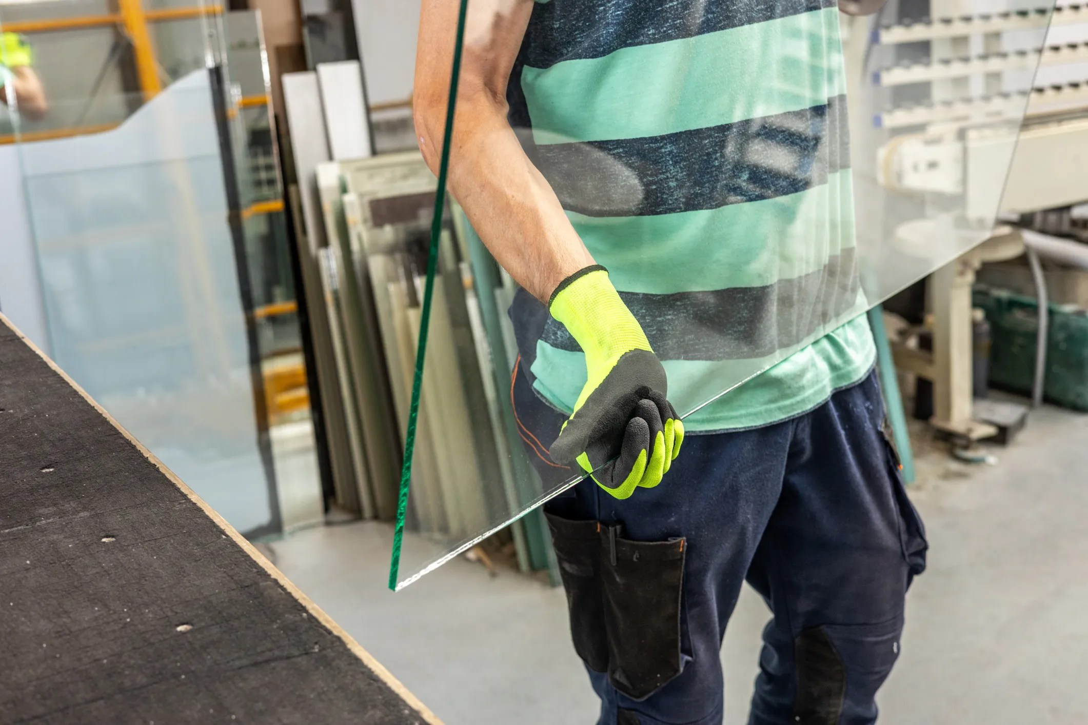 Worker wearing cut-resistant safety gloves, adhering to ANSI/ISEA 105-2024, while holding a glass sheet in an industrial setting