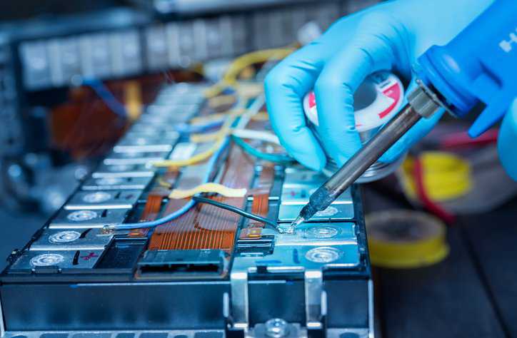 Technician use soldering iron to solder metal and wire of lithium-ion rechargeable battery that adheres to ANSI C18.4M-2023.