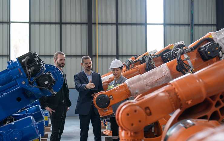 Auditors looking at robot arms in factory.