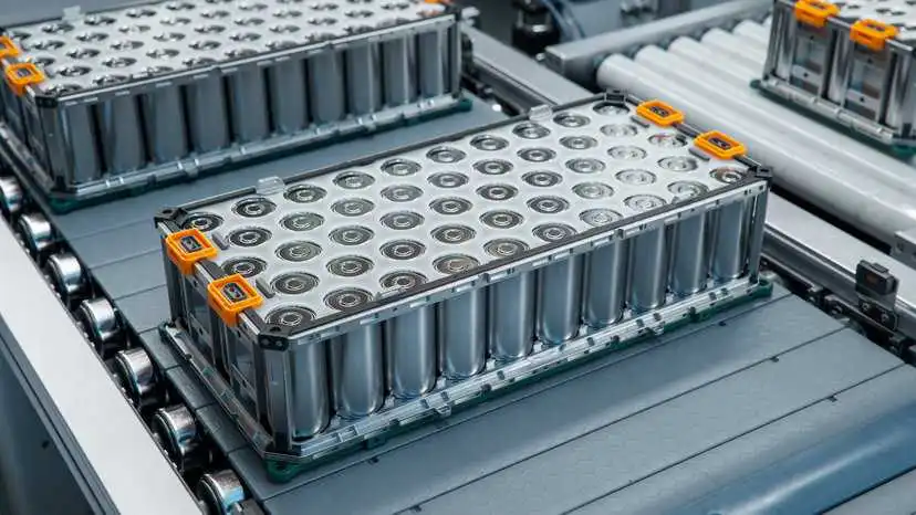 Lithium ion battery being manufactured in pack on assembly line.