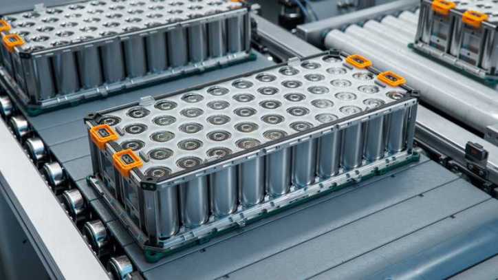 Lithium ion battery being manufactured in pack on assembly line.