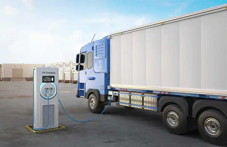 3d rendering ev logistic trailer truck or electric vehicle lorry at charging station that adheres to ISO 3691-4:2023.