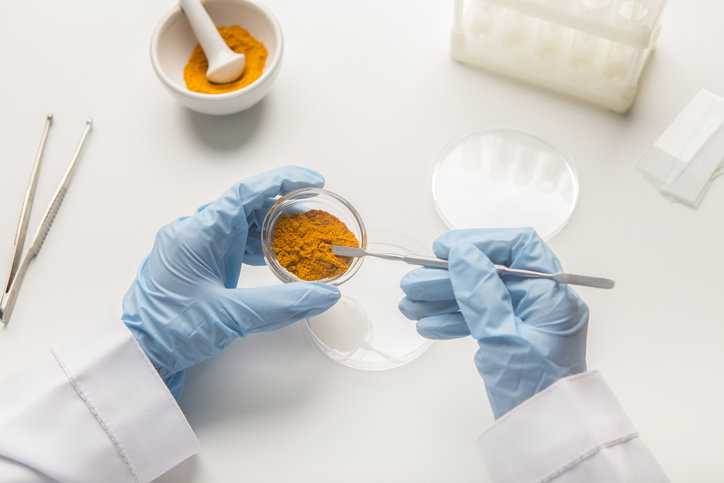 Worker wearing blue gloves researching turmeric or spice powder in accredited food testing lab.