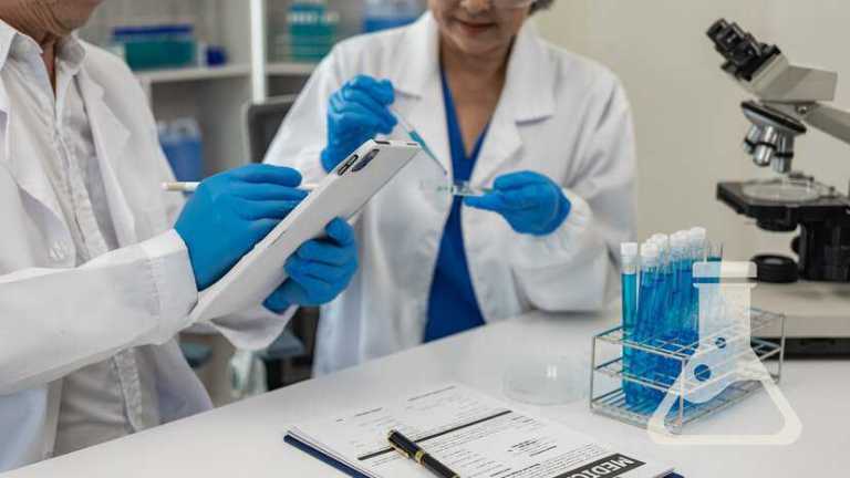 Two scientists doing research in laboratory with reference materials that adhere to ISO 33405:2024 and ISO 17034.