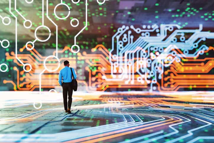 Businessman walking through colorful AI concept to represent a competent worker with an ISO/IEC 17024 certification.