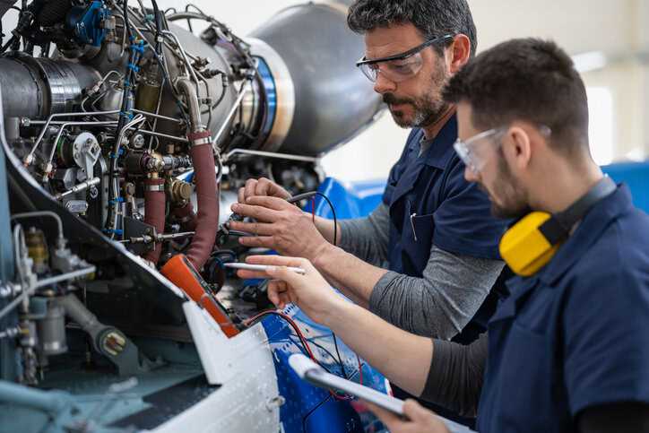 Two engineers working on helicopter with suspect counterfeit EEE parts in hanger.