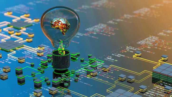 Brain in lightbulb concept on circuit board to represent AI.