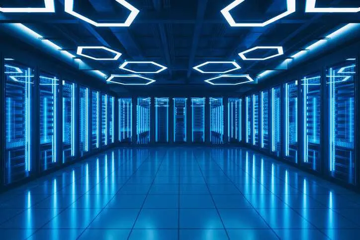 Blue server room empty and ready for ISO/IEC 27006-1:2024 audit by certification body.