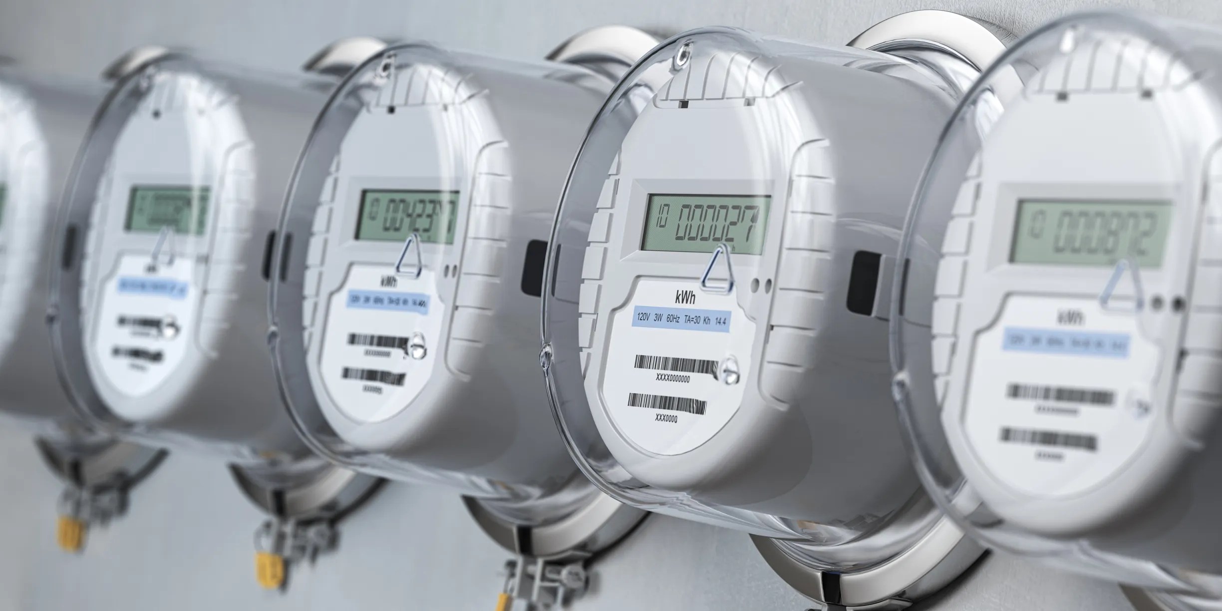 Line up of 4 ANSI C12.1-2026 watthour smart meters.