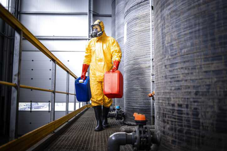 Worker carrying toxic, hazardous, and flammable canisters of silane gas chemicals production plant while adhering to ANSI/CGA G-13-2024 safety requirements.