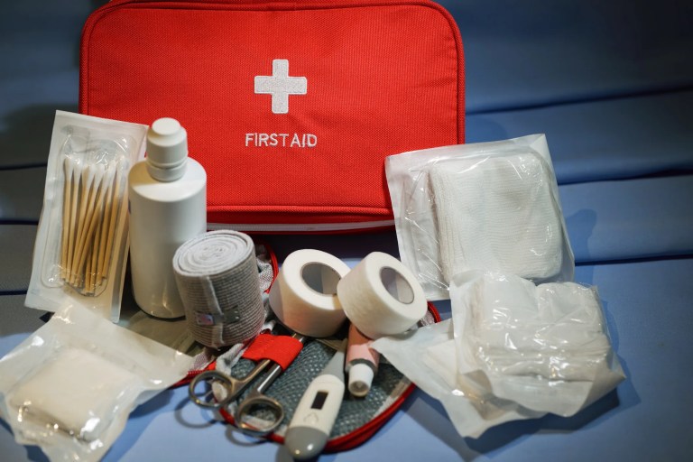 Contents of a workplace first aid kit compliant with ANSI/ISEA Z308.1, including bandages, trauma pads, scissors, antiseptics, gloves, and a burn dressing.