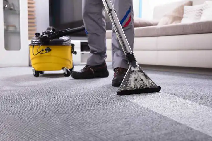 Person cleaning textile floor coverings (i.e., carpets) in a residential home that adheres to ANSI/IICRC S100-2021 procedures.