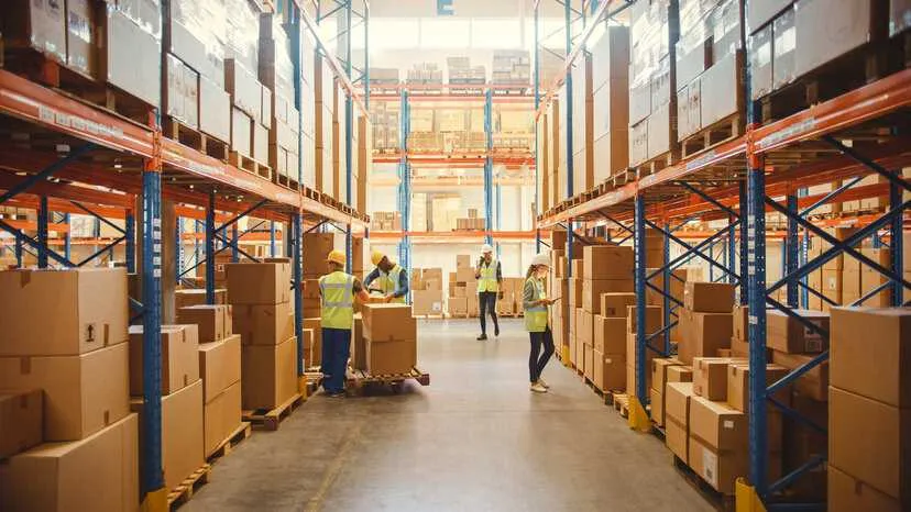 Retail warehouse with workers in hallway surrounded by cardboard boxes on racks adhering to conformity assessment processes.