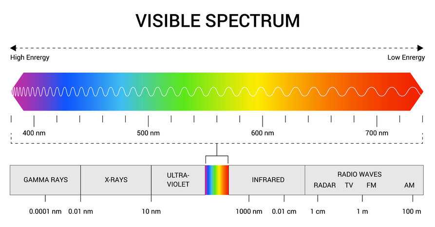Visible spectrum of light chart from 380 nm to 720 nm showing blue light to red light.