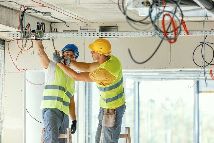 Two construction workers on ladders handling electrical construction for a commercial building while adhering to NECA 1-2023.