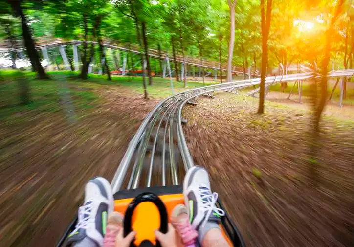 Father and daughter on a summer toboggan run, adhering to ISO 19202-1:2017 safety specifications, in a lush green forest.
