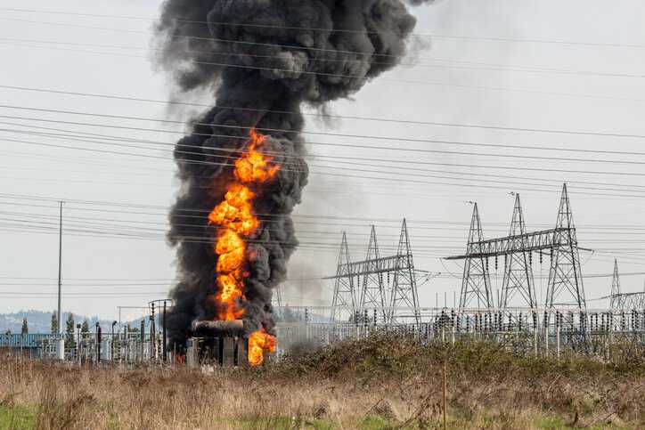 Power lines on fire due to downed lines.