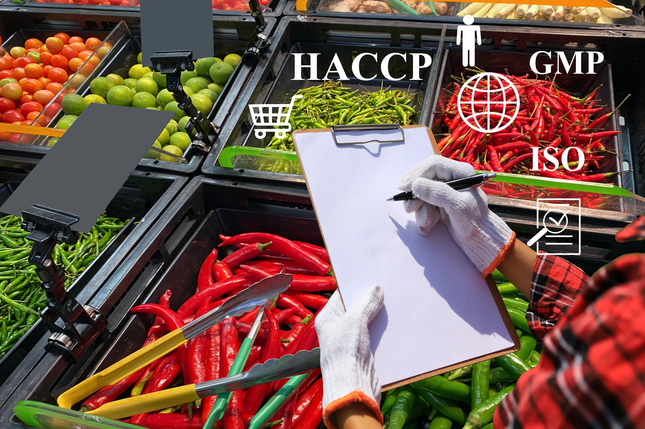 A food safety professional in cleanroom attire (hairnets, lab coats, gloves) inspecting fresh produce in a market while  reviewing HACCP documentation, good manufacturing practices (GMP), and ISO 22000 compliance.
