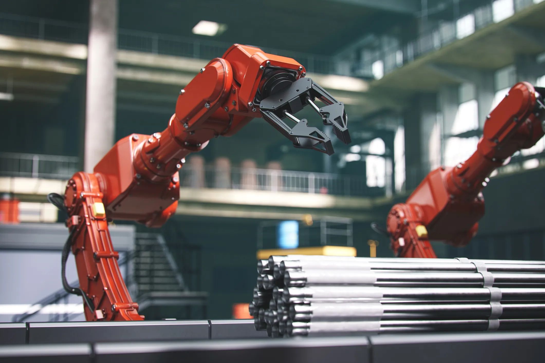 Industrial robots at the automated manufacturing factory assembly line, adhering to ISO 10218-2:2025.