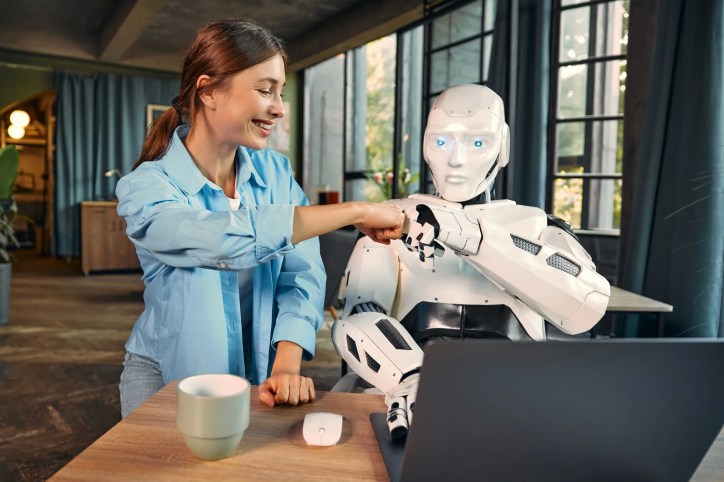 AI robot collaborating with human worker in a modern office, representing the integration of artificial intelligence in the workplace.