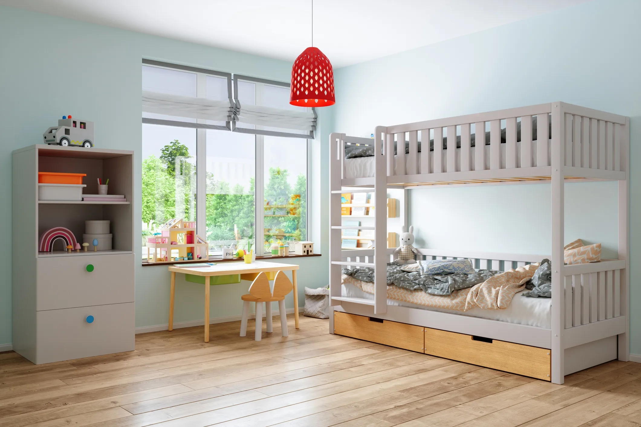 A safe bunk bed in a children's bedroom that adheres to ASTM F1427-21e1. 