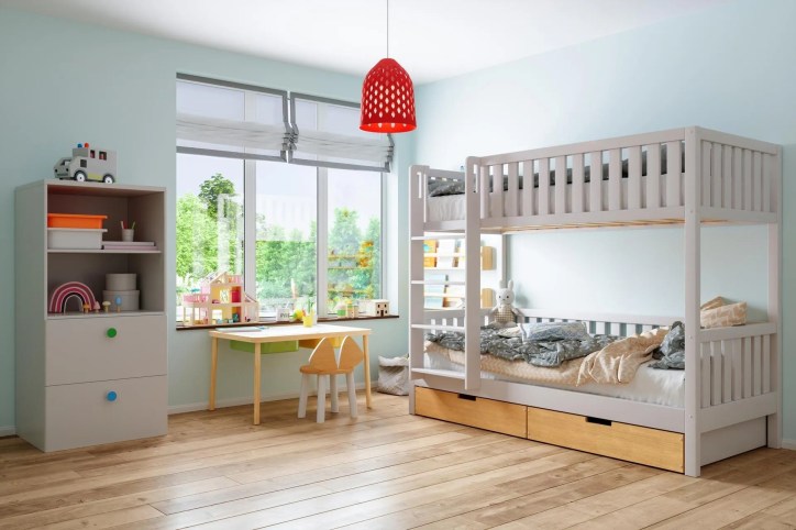 A safe bunk bed in a children's bedroom that adheres to ASTM F1427-21e1.