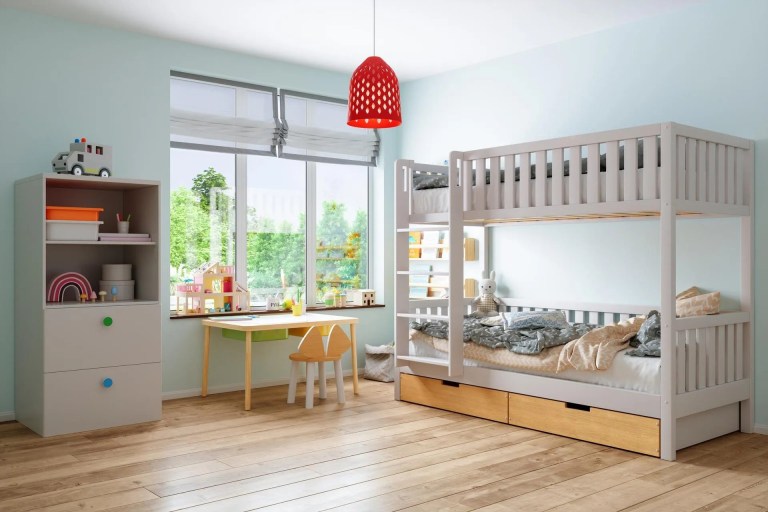 A safe bunk bed in a children's bedroom that adheres to ASTM F1427-21e1.