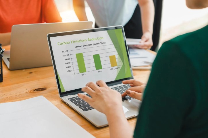 A person analyzing carbon emissions reduction chart on laptop screen during collaborative meeting, emphasizing sustainability and compliance to the ISO 14064 standards series
