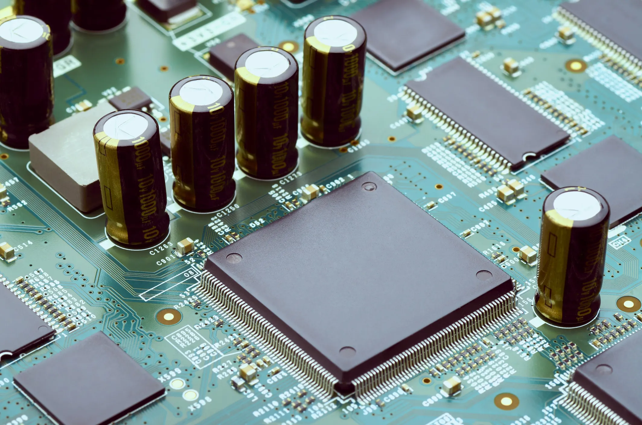 Close up of a high-tech electronic parts and microprocessors on the high-speed circuit board, which adheres to IPC-2251.