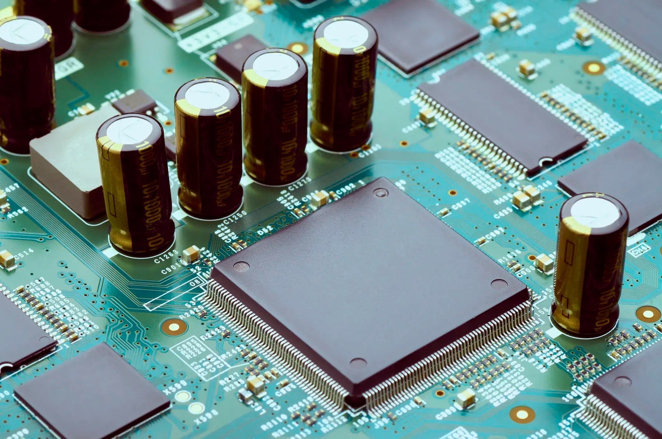 Close up of a high-tech electronic parts and microprocessors on the high-speed circuit board, which adheres to IPC-2251.