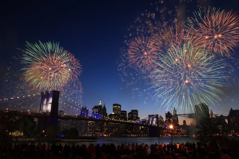 Elaborate fireworks display in NYC that adhere to ISO 21583:2020 safety guidelines.