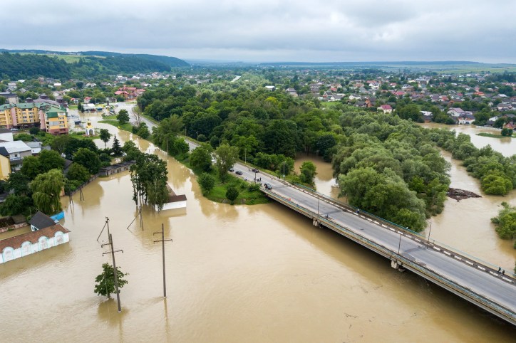Aerial view of flooded buildings.