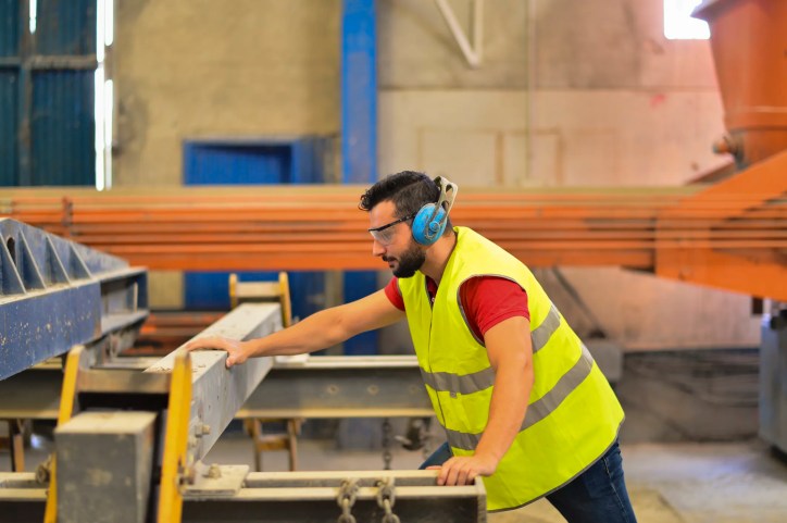 Worker wearing ear in protection in a factory with loud machinery that adheres to ASA/ANSI S12.61-2024 acoustical noise guidelines.