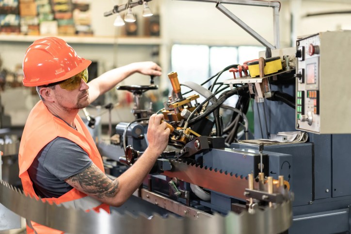 "Operator using a manual milling machine in an industrial workshop following ANSI B11.8-2021 safety guidelines.