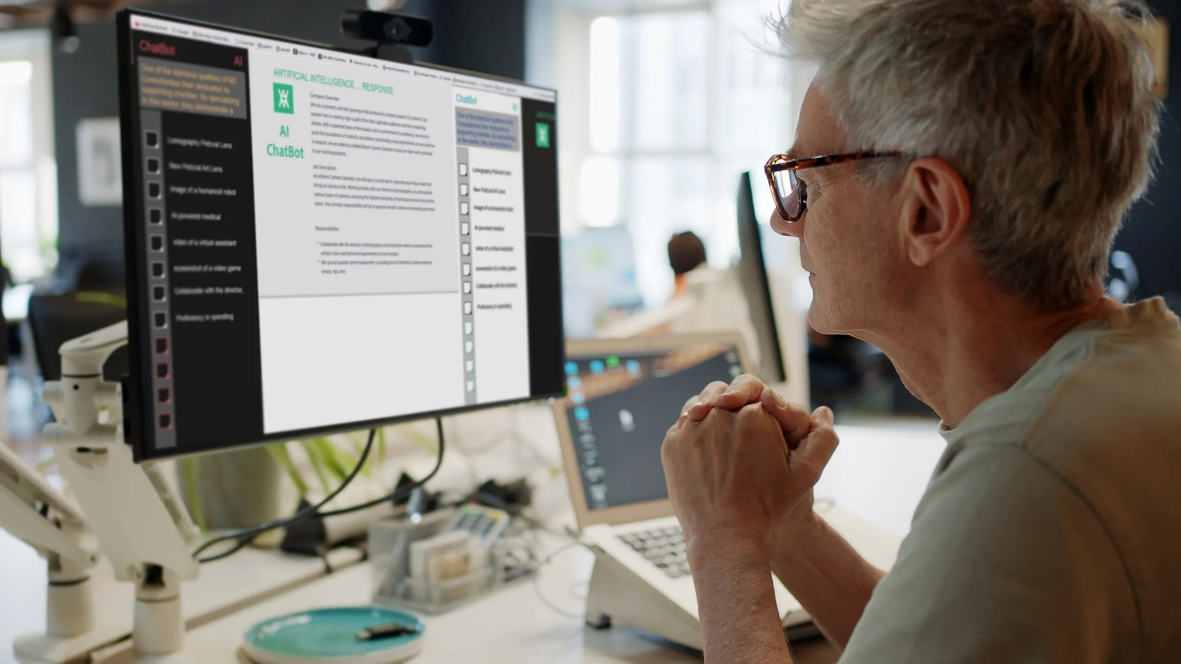 Woman interacting with an AI chatbot interface on a laptop, exploring AI-driven tools for enhancing critical thinking and learning.