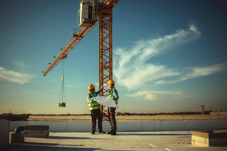 Articulating boom crane lifting materials on a construction site, compliant with ASME B30.22-2023.