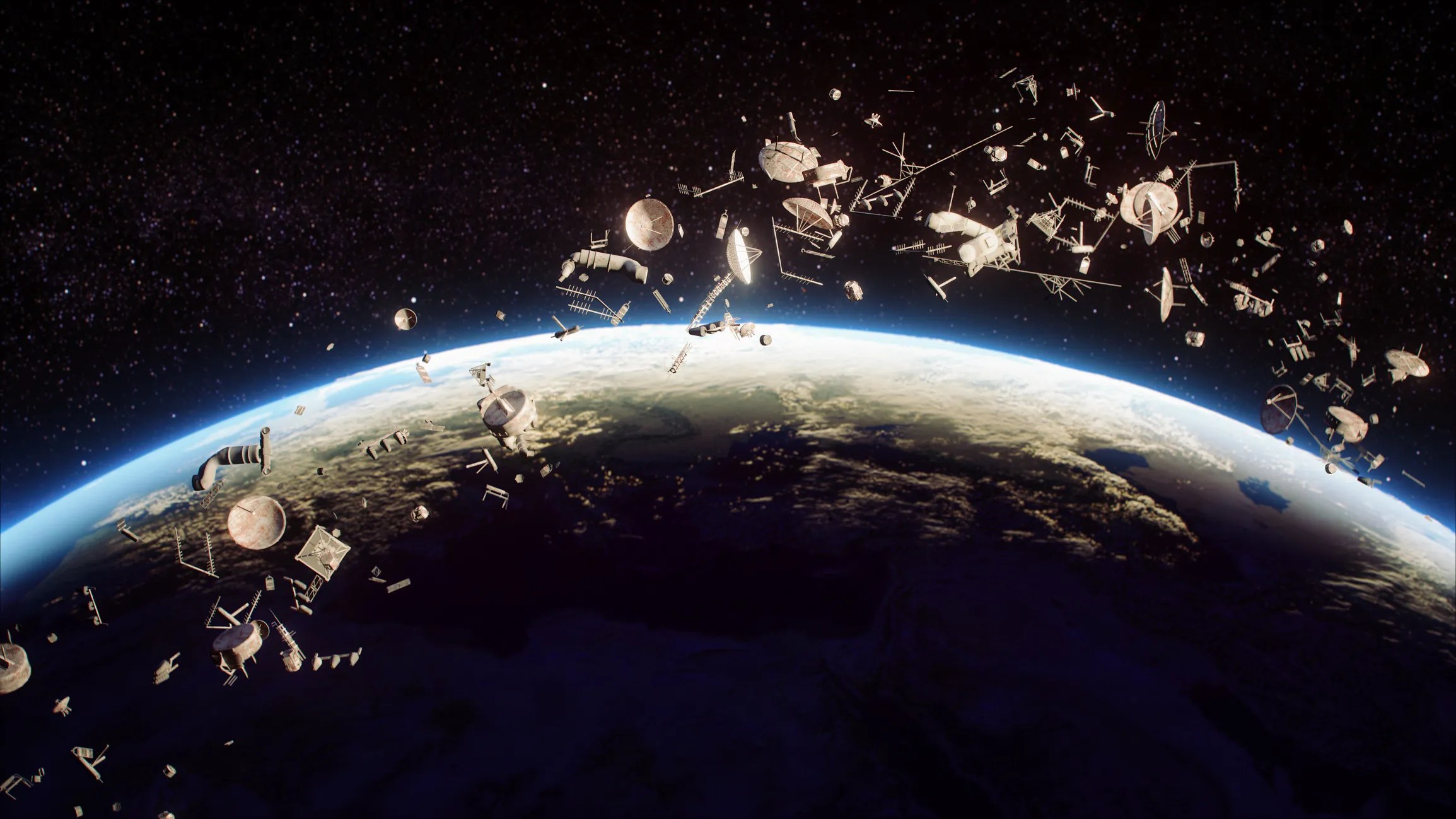 Trash in space (defunct satellites, spent rocket stages, fragments from collisions, and tiny flecks of paint) in Earth's orbit needing to ISO 24113:2023 space debris mitigation requirements.