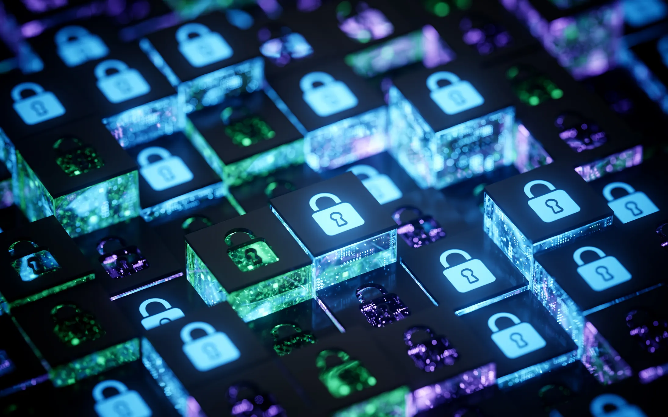 Blue and green locks on blocks representing cybersecurity accreditation.