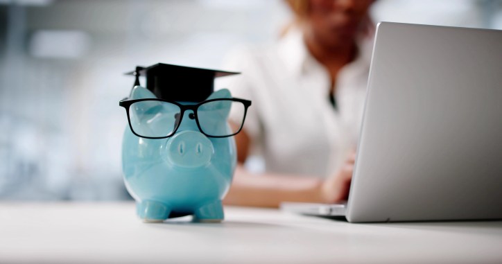 Blue piggy bank with graduate cap in front of parent on laptop contributing to 529 plan